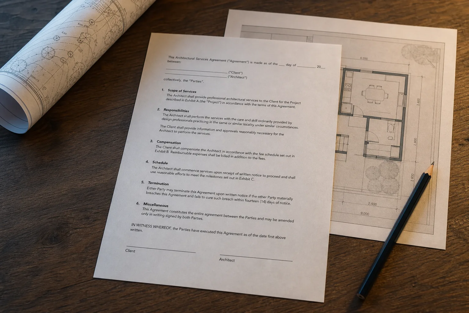 A single printed page of an architectural services agreement on a wooden table beside a rolled site survey and a pencil, with a small rear-addition floor pla...
