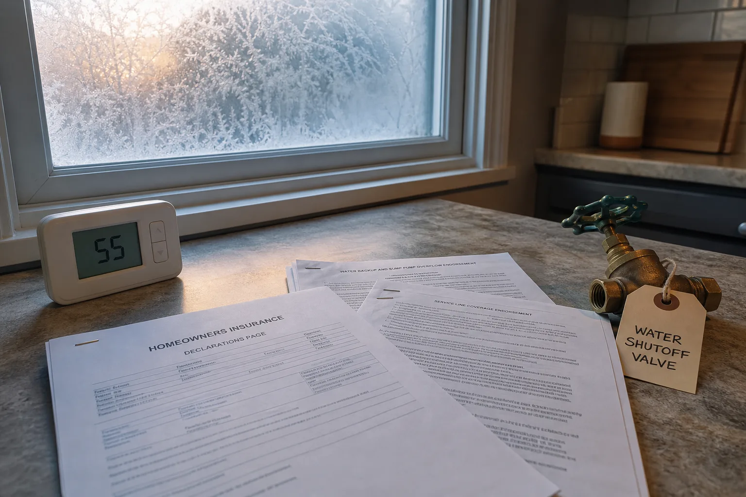 A homeowners insurance declarations page and stapled endorsement pages spread on a kitchen table next to a thermostat set to 55 degrees and a tagged water sh...