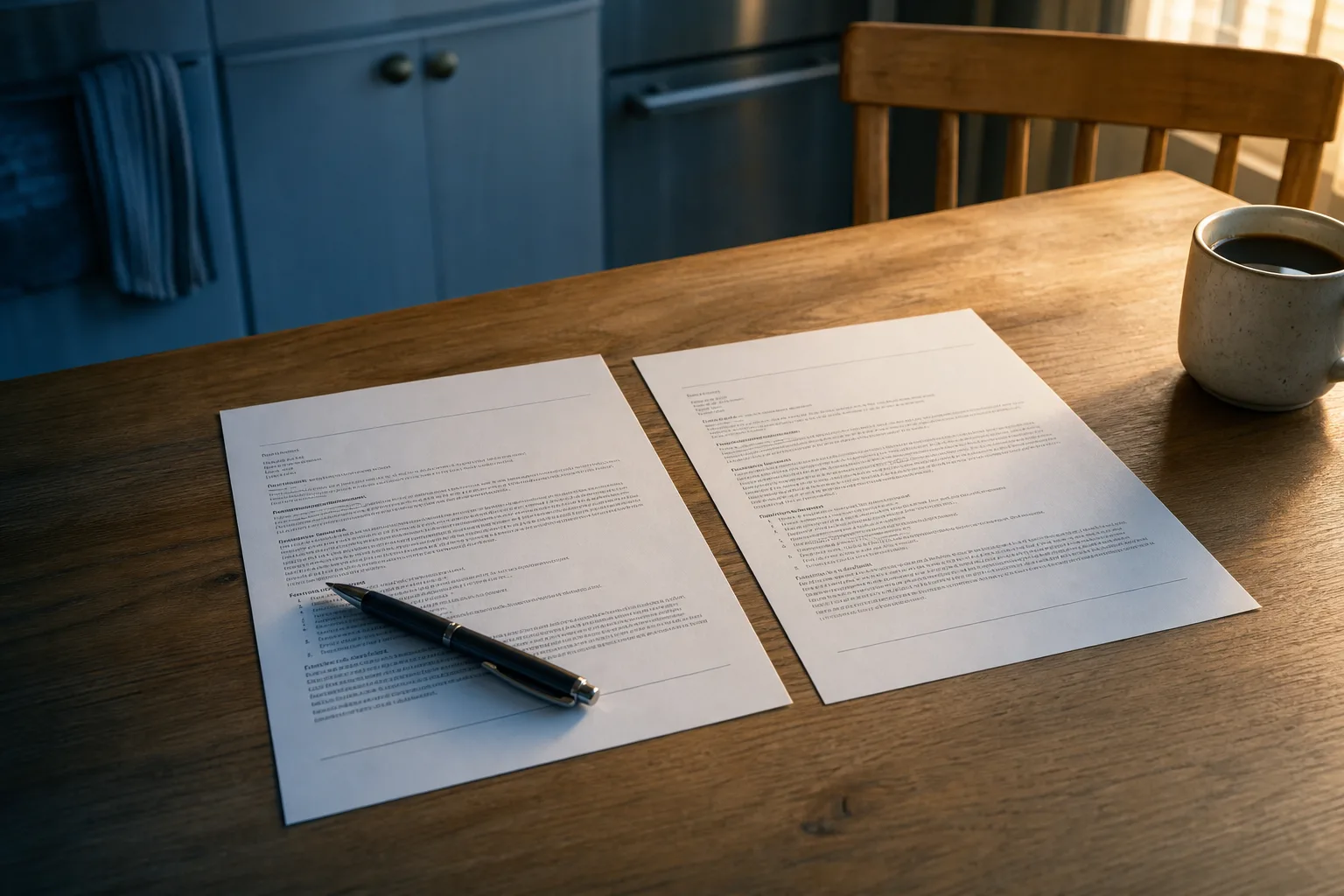 A kitchen table with two printed professional engagement letters side by side, a pen resting across one of them, and a coffee cup at the edge