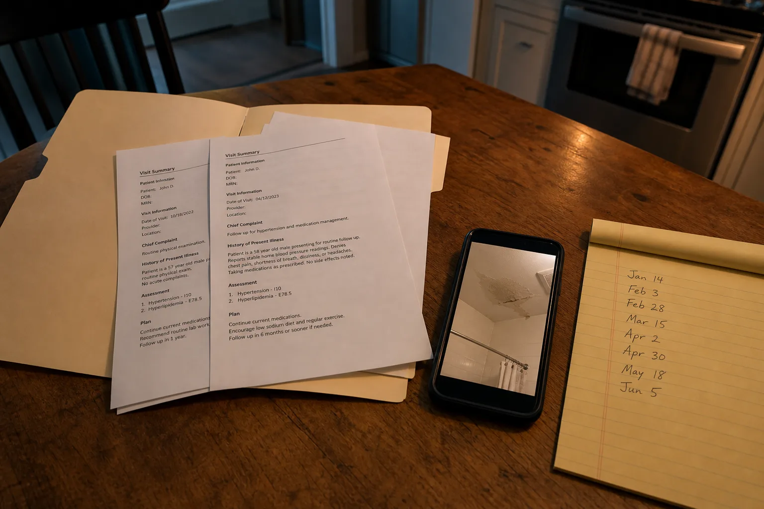 A kitchen table with a manila folder open, printed medical visit summaries, a phone displaying a photo of a water-stained bathroom ceiling, and a handwritten...