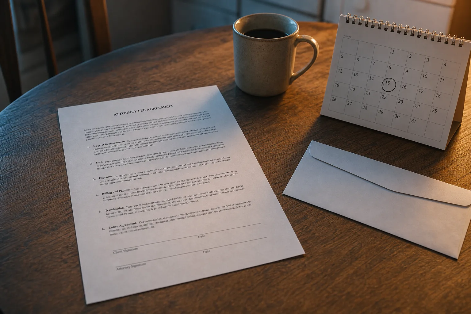 A single-page attorney fee agreement on a kitchen table beside a calendar with one date circled and a plain business envelope