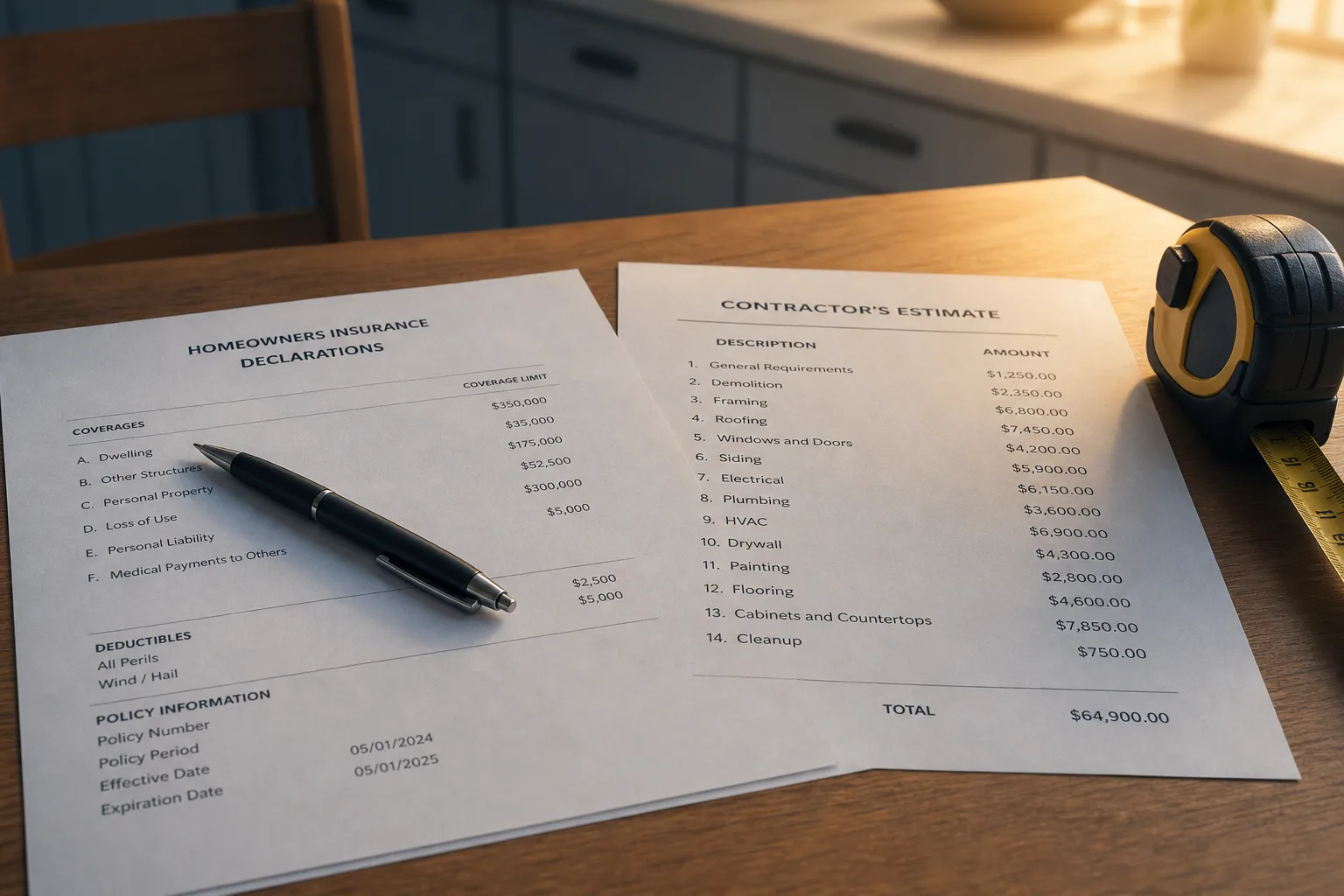 A homeowners insurance declarations page on a kitchen table beside a contractor's written estimate and a tape measure, with a pen resting on the dwelling cov...