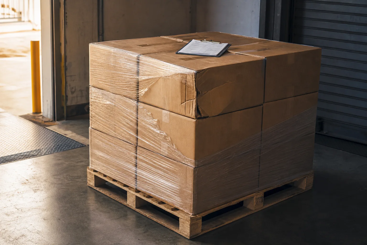 A shipping pallet in a warehouse receiving bay, shrink wrap partially cut away, one carton with a crushed corner, a clipboard with a delivery receipt resting...