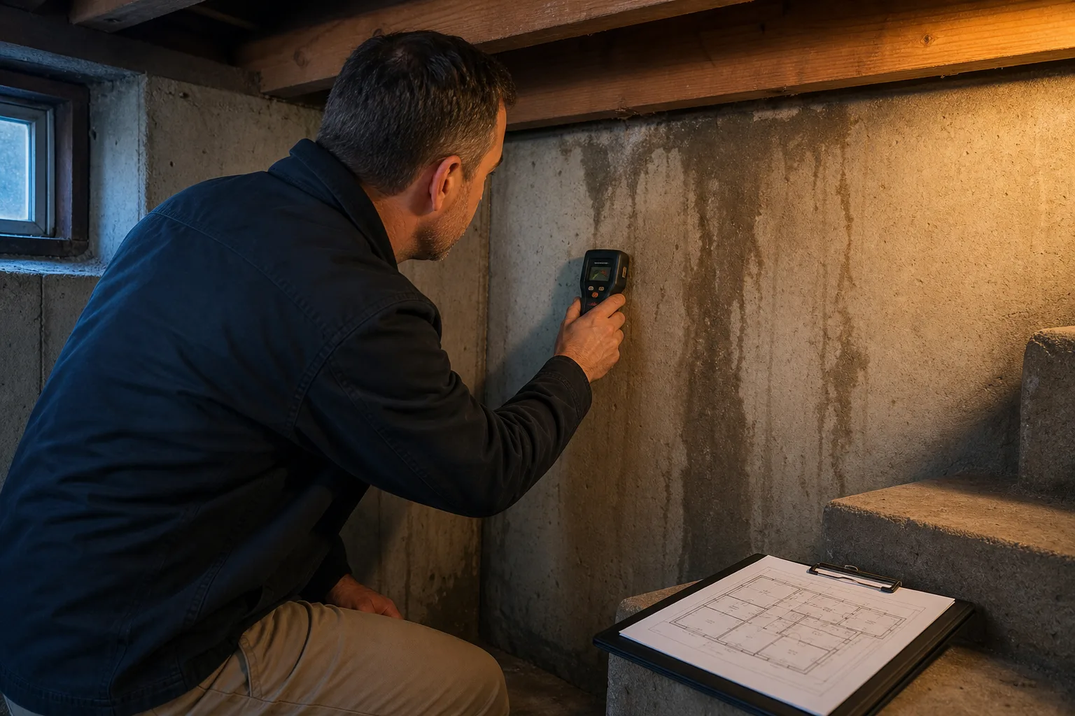 A consultant holding a pinless moisture meter against a basement wall near a floor joist, clipboard and a marked floor plan resting on a nearby step, visible...