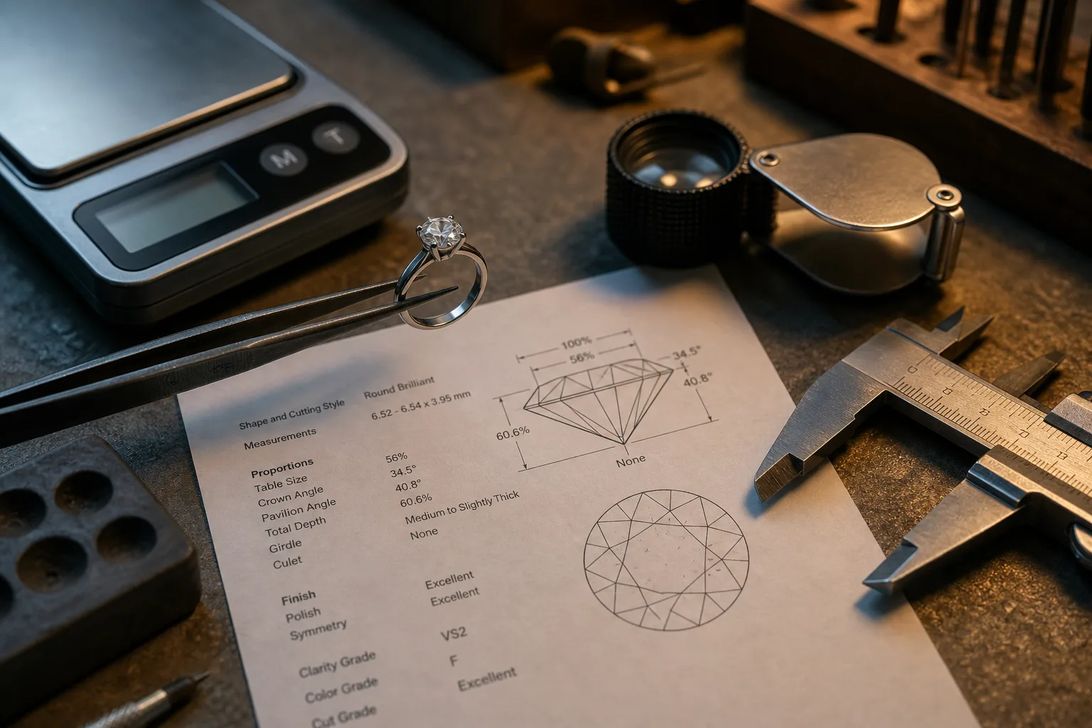 A jeweler's workbench with a diamond ring held in tweezers beside a loupe, a digital gem scale, calipers, and a printed appraisal report showing stone measur...