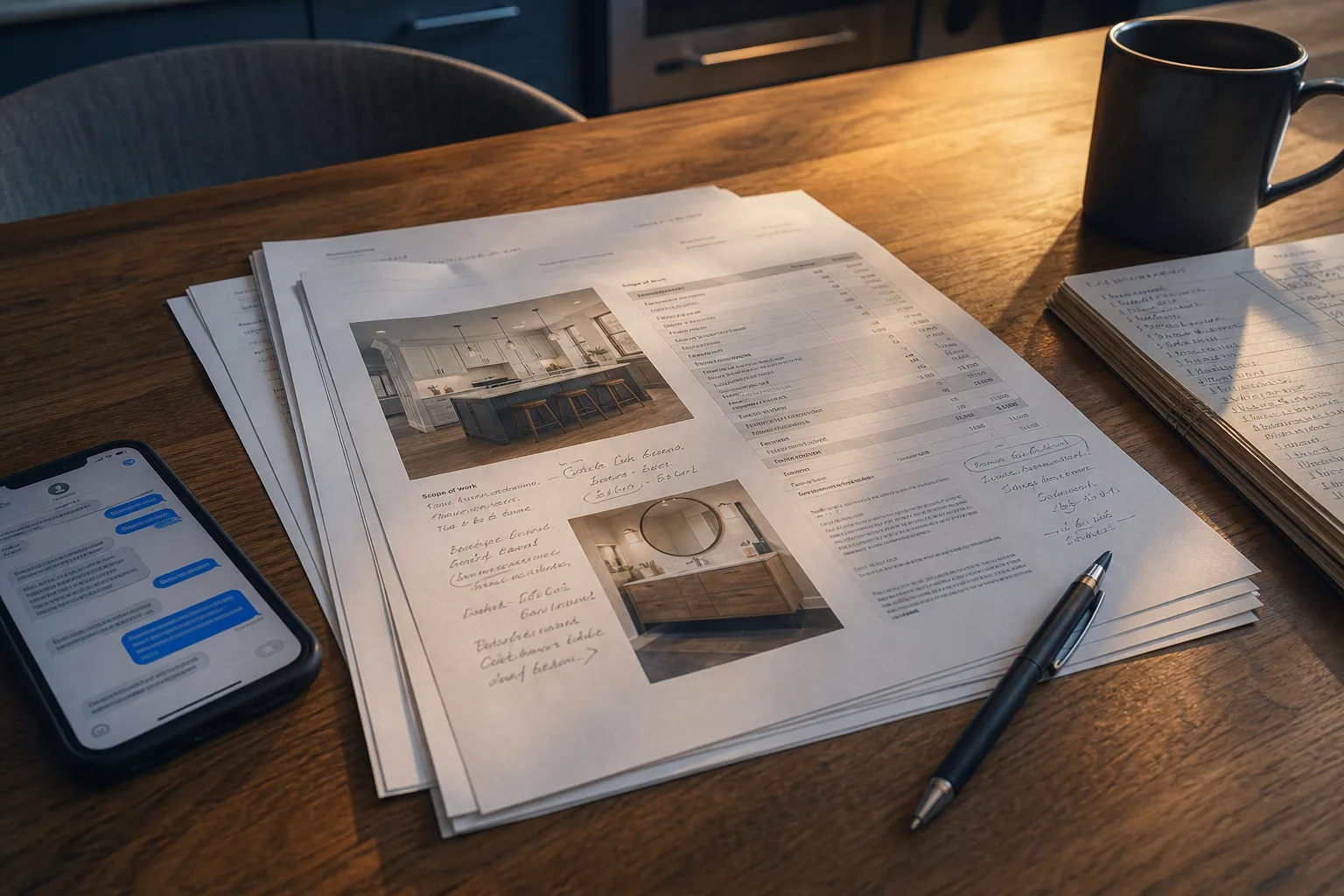 A printed multi-page contractor proposal spread across a kitchen table beside a phone showing a message thread, with a pen and handwritten notes in the margins