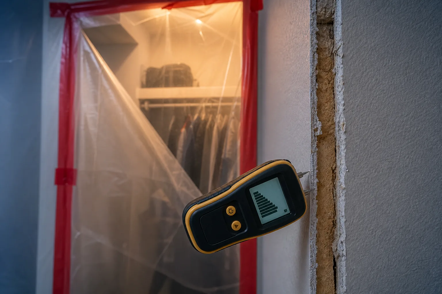 A moisture meter pressed against a cut section of drywall inside a residential closet, with plastic containment sheeting taped across the doorway behind it