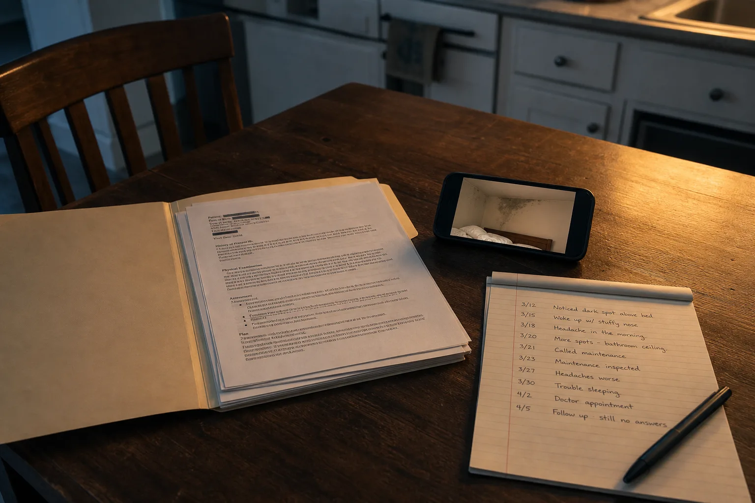 A kitchen table with a manila folder open, printed medical records, a phone showing a photograph of a stained bedroom wall, and a handwritten dated timeline...