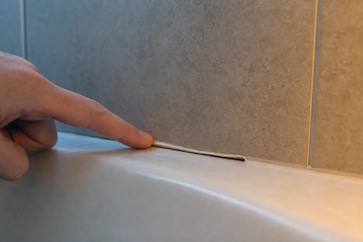 A close, low-angle view of the joint where a tile shower wall meets the tub deck, with a finger tracing a line of caulk that has lifted slightly at one end