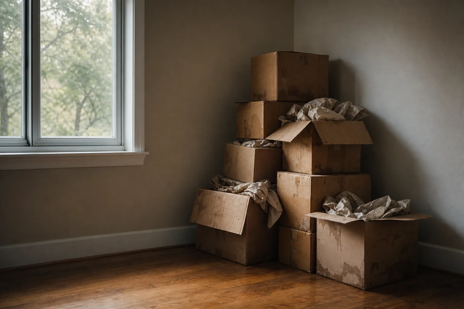 A stack of water-stained cardboard moving boxes with torn packing paper spilling out, pushed into the corner of an otherwise empty spare bedroom beside a clo...