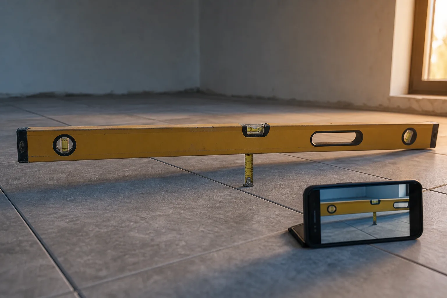 A four-foot spirit level laid across a newly tiled floor with a tape measure standing in the gap beneath it, a phone propped nearby framing the shot