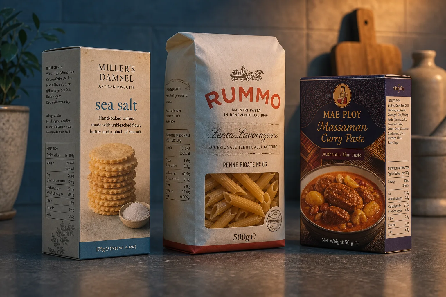 Three packaged food items from different countries arranged side by side on a kitchen counter, each turned to show its front-of-package claims and printed in...