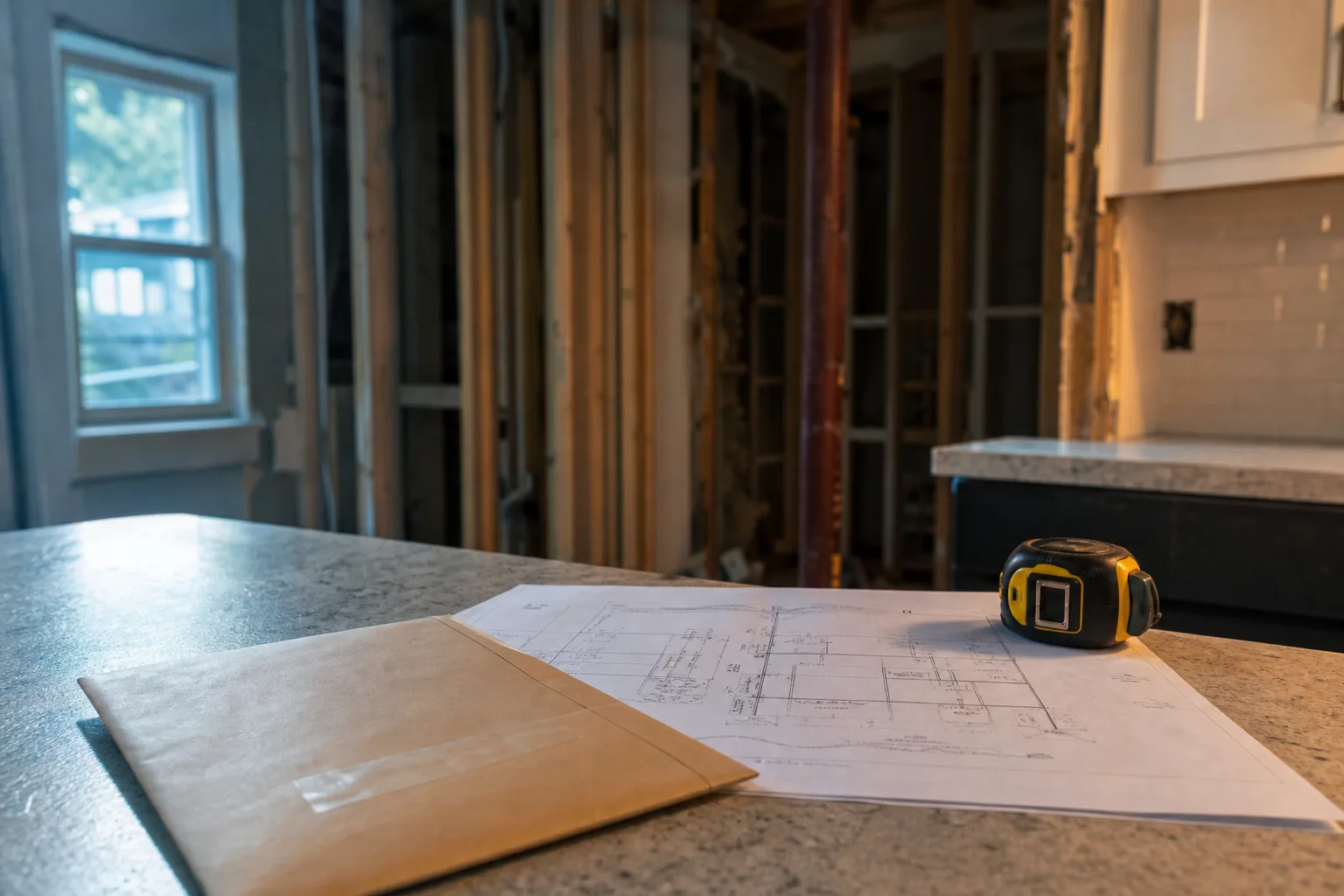 An engineer's sealed structural letter and drawing on a kitchen counter beside a tape measure, with an opened-up interior wall and a temporary support post v...