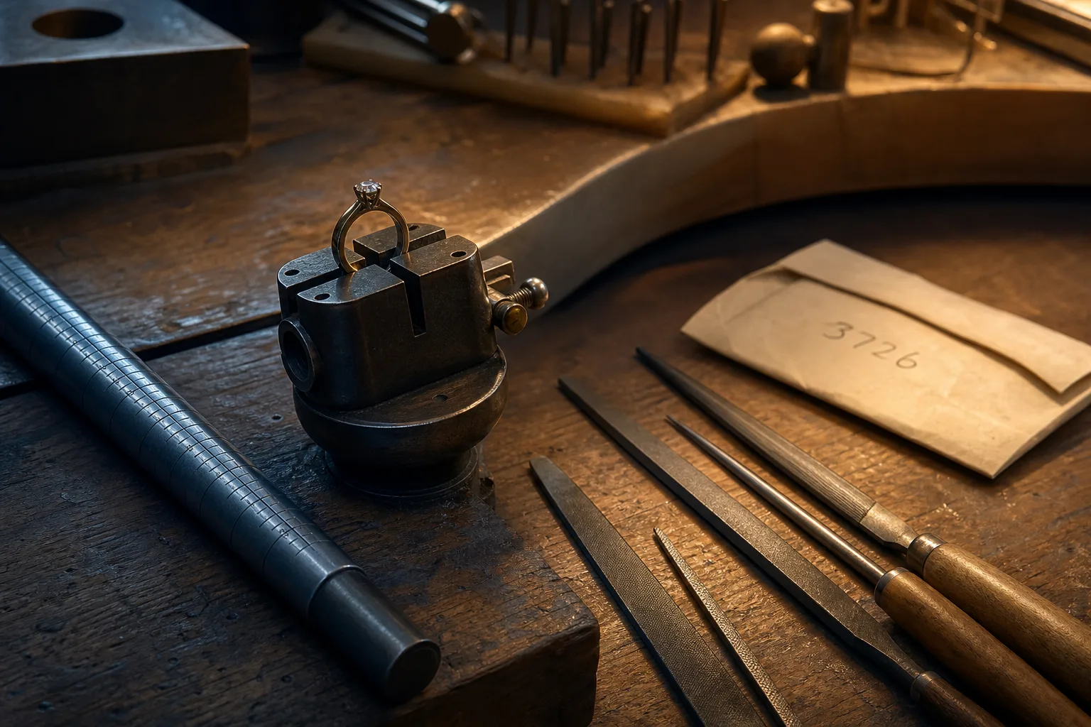 A jeweler's workbench with a ring clamped in a small vise, sizing mandrel, files and a numbered repair envelope beside it