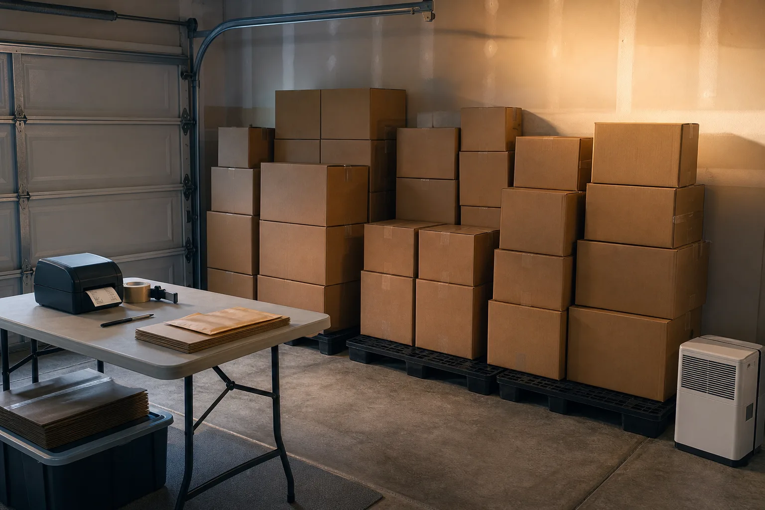 Cardboard shipping cartons stacked on plastic pallets along the back wall of a residential attached garage, with a folding packing table, a label printer, an...