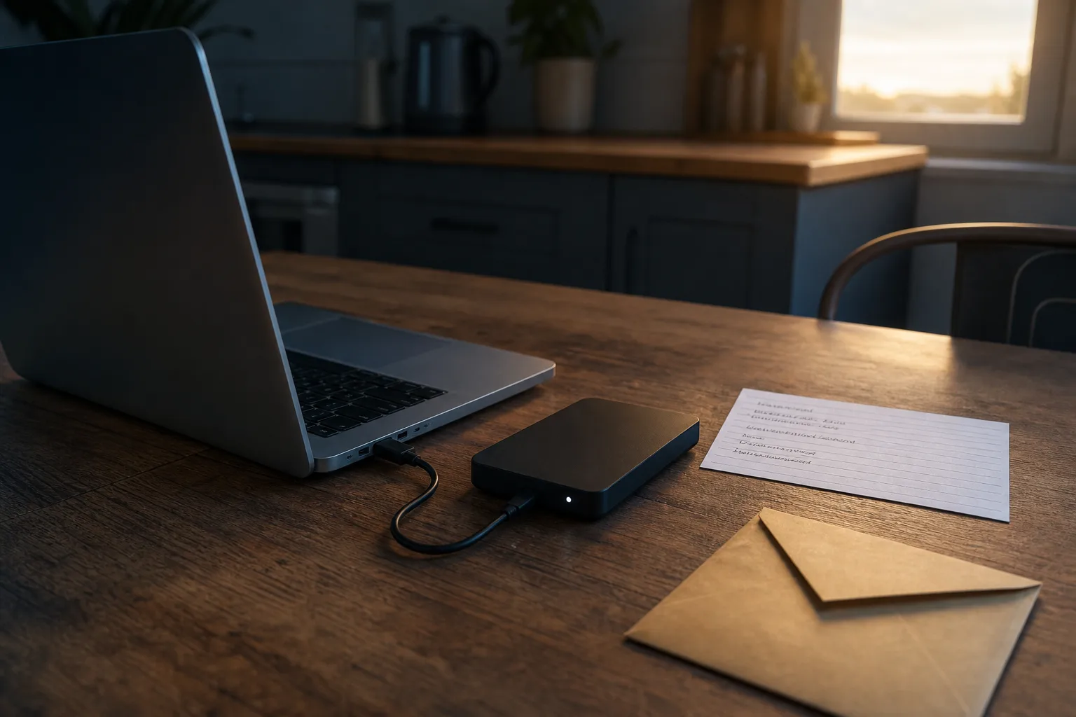 An external backup drive connected to a laptop on a kitchen table, alongside a handwritten index card of account details and a sealed envelope