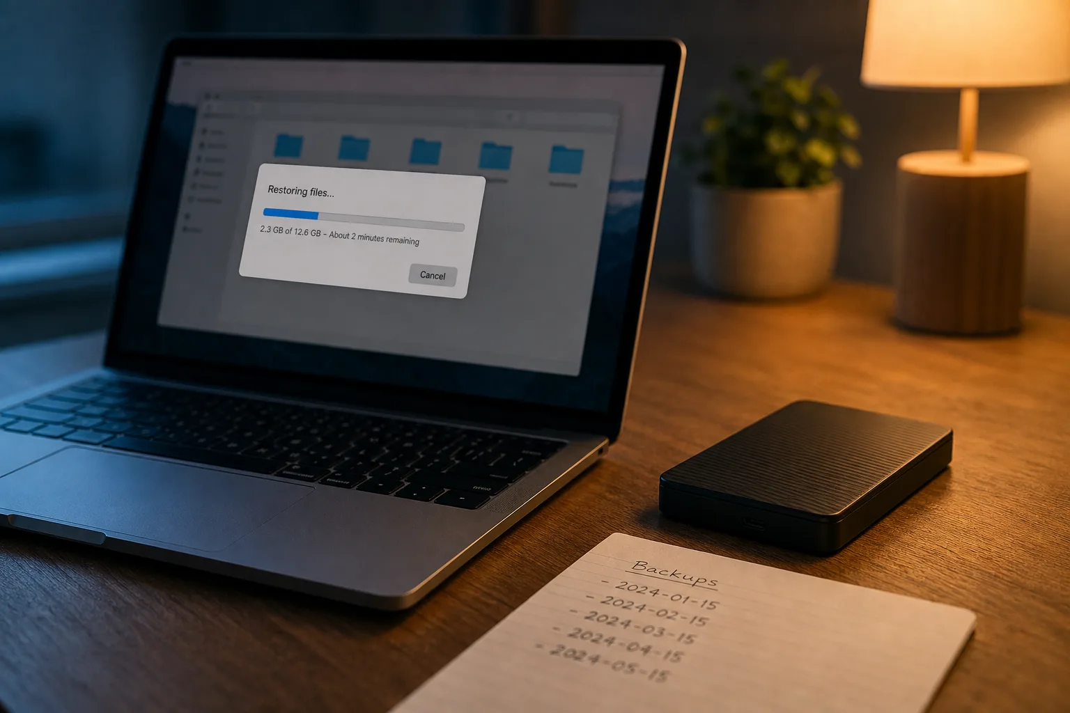A small external hard drive unplugged and resting on a wooden desk beside an open laptop showing a file restore dialog, with a handwritten note listing dates