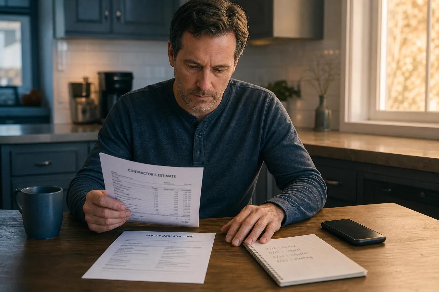 A homeowner at a kitchen table with a contractor's written estimate, a policy declarations page, and a phone face down beside a notepad with handwritten dates