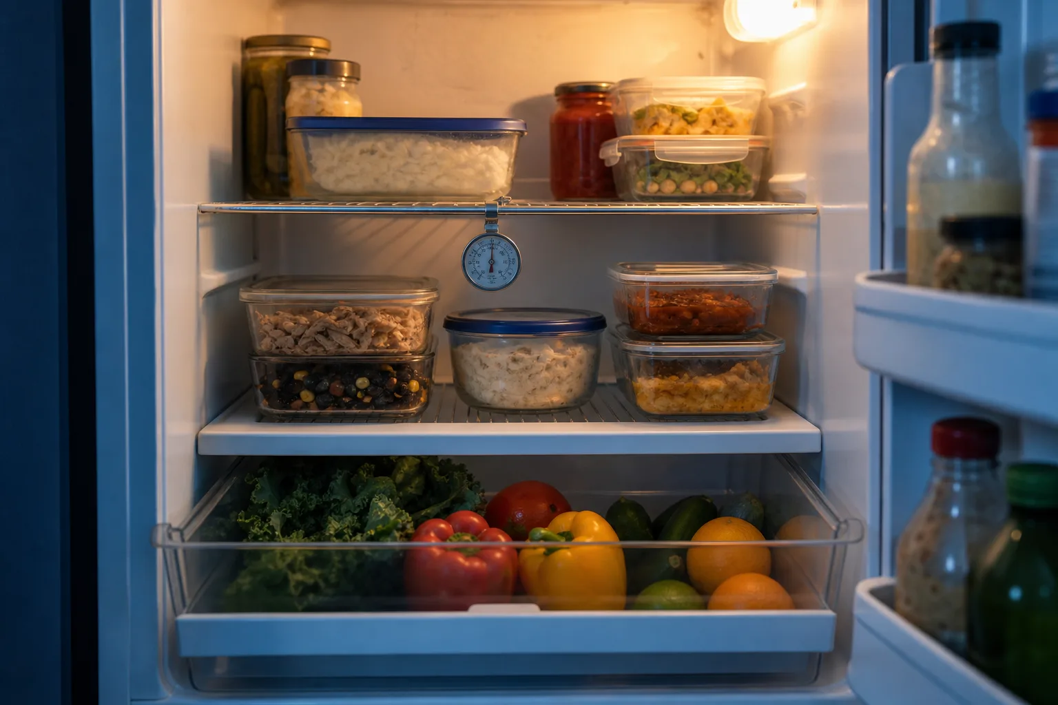 An open home refrigerator seen straight on, with a small dial thermometer clipped to a wire shelf, clear containers of leftovers on the middle shelf, and a p...
