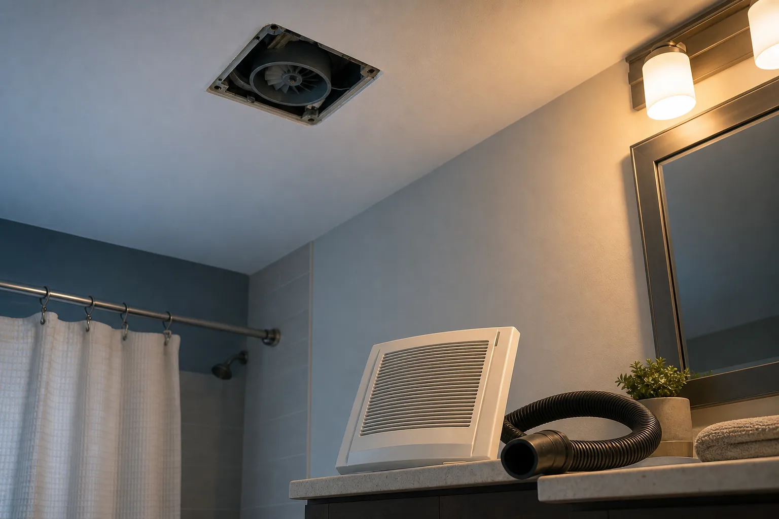 A bathroom exhaust fan cover removed and set on the counter beside a vacuum hose, with the exposed fan housing visible in the ceiling above