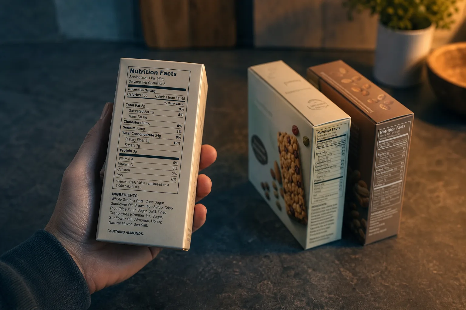 A hand holding a boxed grocery product turned to show the nutrition facts panel and ingredient list, with two similar competing packages resting on a counter...