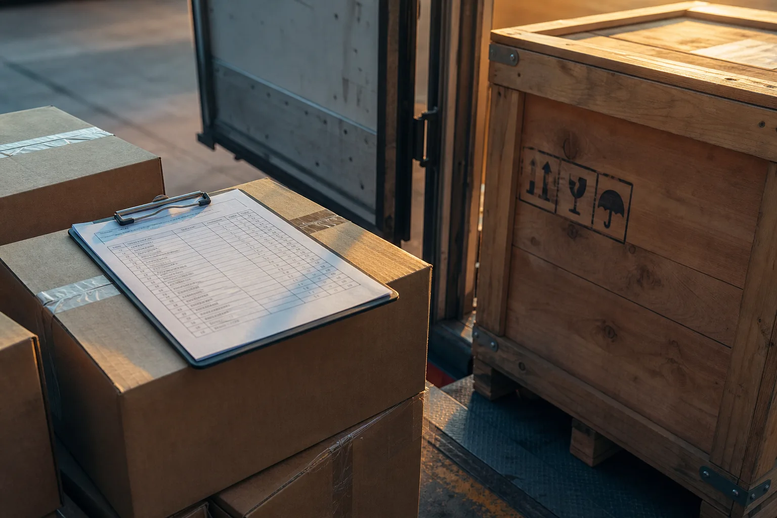 A moving crew's inventory sheet on a clipboard resting on a stack of sealed cardboard cartons, with a wooden crate stamped for export standing beside an open...