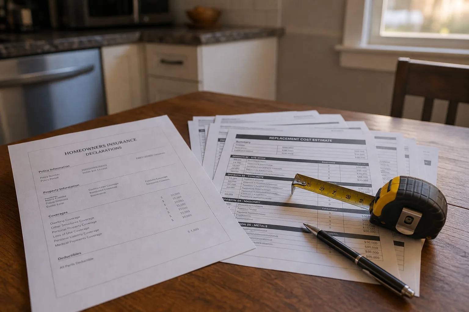 A homeowners insurance declarations page and a multi-page replacement cost estimate spread across a kitchen table, with a tape measure and a pen resting on t...